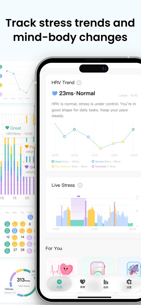 Smartphone montrant l'application MoodyWatch avec les tendances VFC et les graphiques de suivi du stress en direct