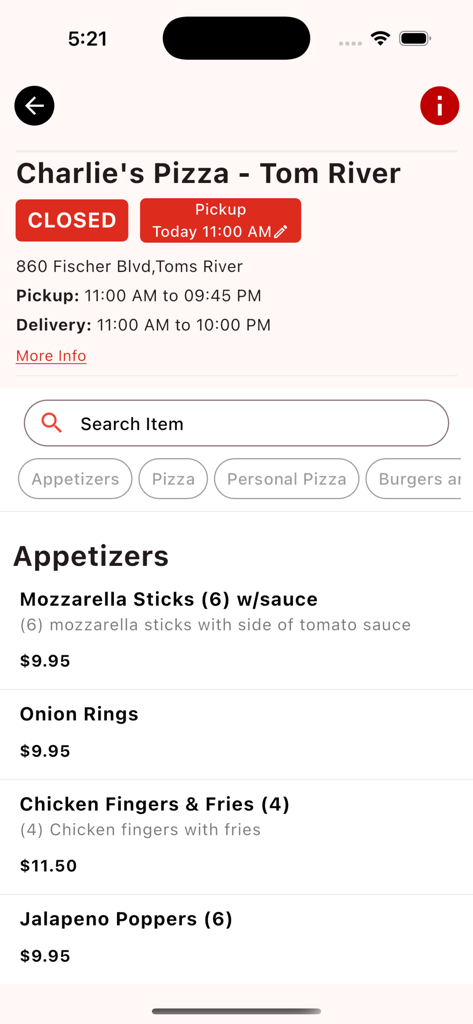 Charlie's PIZZA Restaurant - Mobile app screen showing Charlie's Pizza appetizers menu with prices and restaurant location