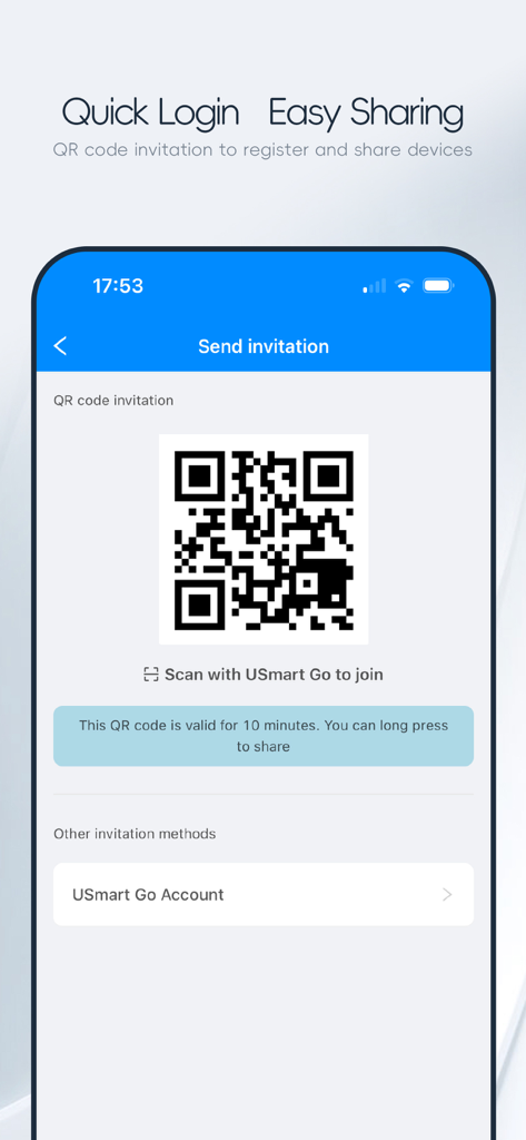 USmart Go - Uno schermo di smartphone dall'app USmart Go che mostra un codice QR per un accesso rapido e una facile condivisione dei dispositivi con altri utenti.