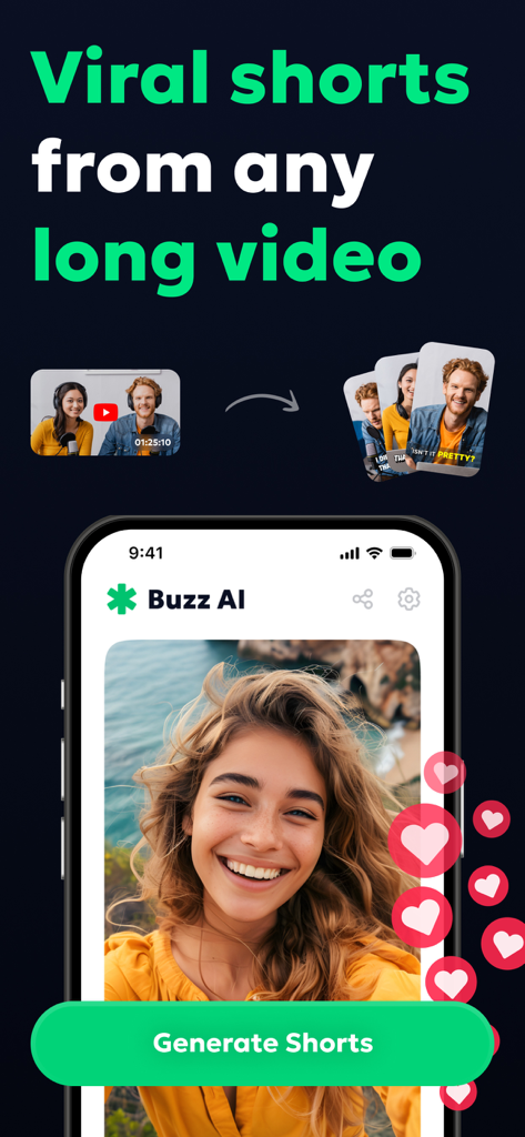Munch Clip Buzz AI app interface showing viral shorts creation from long videos with a generate shorts button