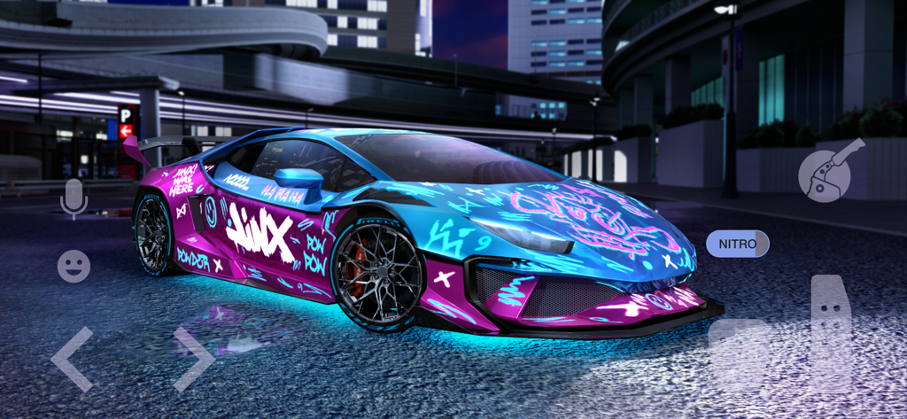 Tuning Club Online: Car Racing - Carro esportivo personalizado com grafites neon e brilho azul inferior no Tuning Club Online