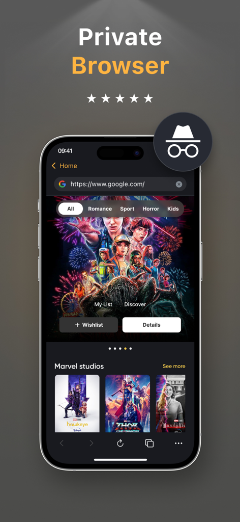 Photo Vault & App Lock - PicX - Interfaz del navegador privado dentro de la Bóveda de Fotos PicX mostrando navegación web segura