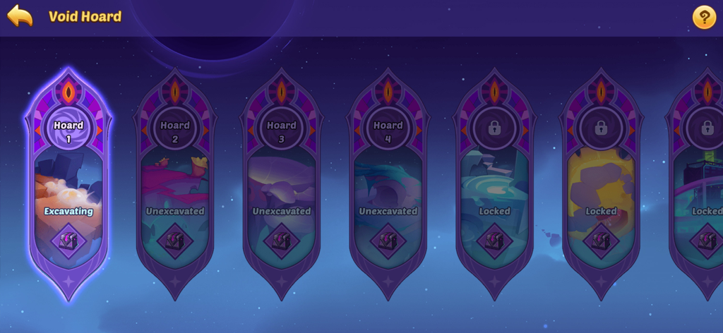 Void Hoard interface in Idle Heroes showing multiple hoards in different excavation and lock statuses.