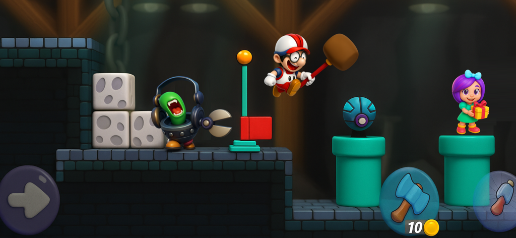 Super Adventure : Pepe - Pepe jumping with a hammer towards a monster in a classic platformer level.