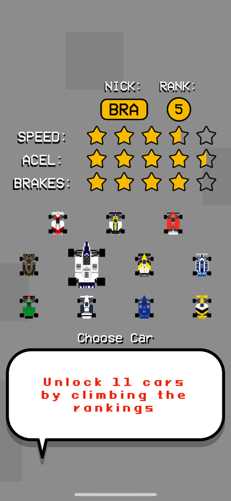 Menú de selección de coches retro que muestra estadísticas y coches de fórmula pixelados desbloqueables