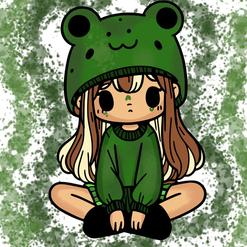 a girl wearing a frog hat and some frog socks