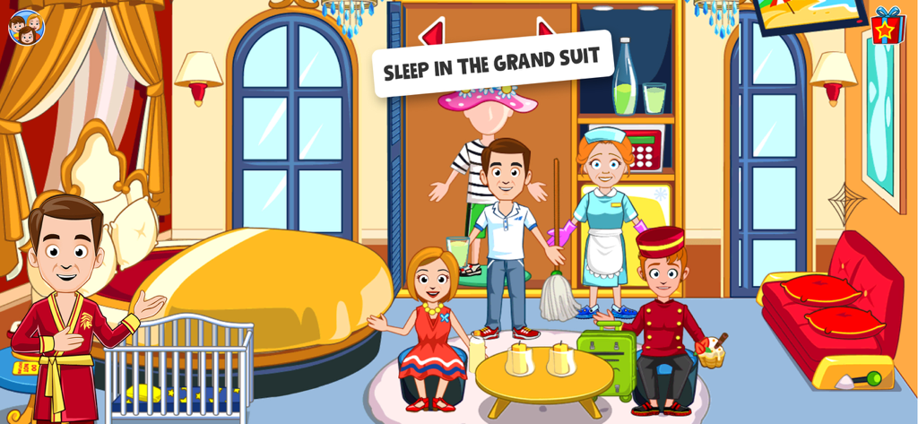 My Town : Hotel - Characters interacting in the luxury grand suite bedroom of the My Town Hotel game