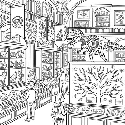 Step into a world of discovery with this detailed Natural History Museum coloring page. Bring to life majestic dinosaur skeletons, ancient fossils, and fascinating exhibits from our planet's rich history.