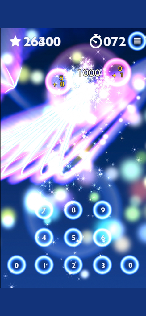 脳トレ HAMARU 暇つぶしパズルでひまつぶしゲーム学習 - Gameplay of HAMARU brain training app showing mental math puzzles with colorful sparkly visual effects