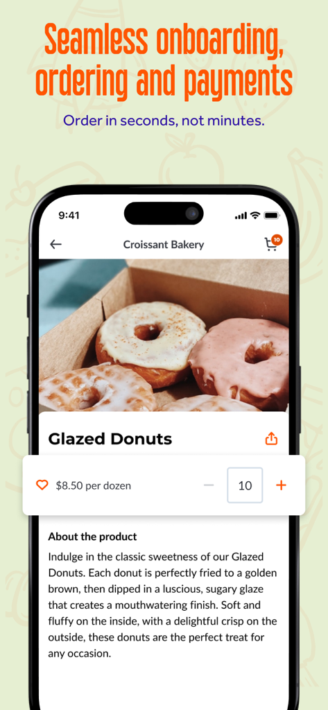 Ordermentum mobile app interface displaying a product listing for glazed donuts from a bakery supplier with an easy ordering interface