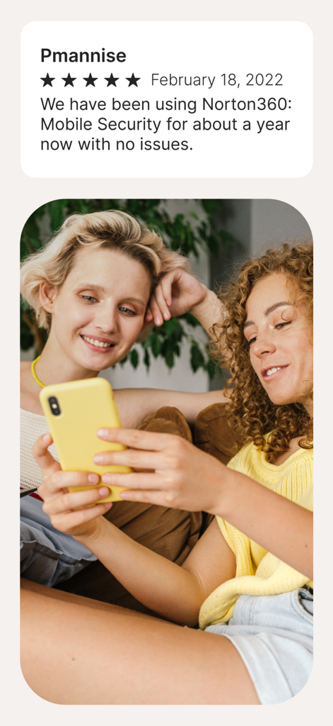Fünf-Sterne-Kundenbewertung für die Norton 360 Mobile Security und VPN App