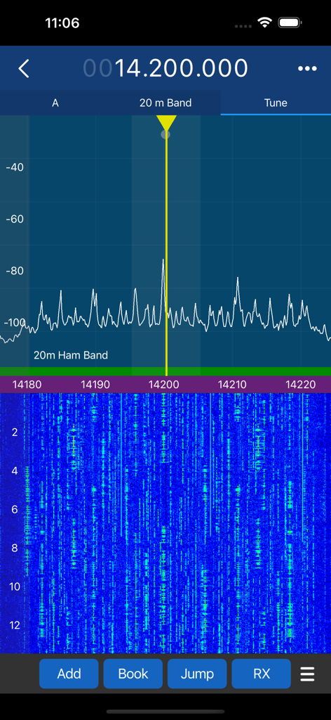 MagicSDR 모바일 앱 인터페이스가 무선 스펙트럼 및 폭포수 디스플레이를 보여줍니다.