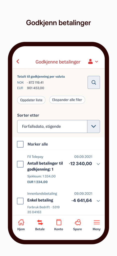 Sparebanken Norge Bedrift - The business payment approval screen within the Sparebanken Norge Bedrift mobile app displaying a list of transactions and total amounts to be authorized.