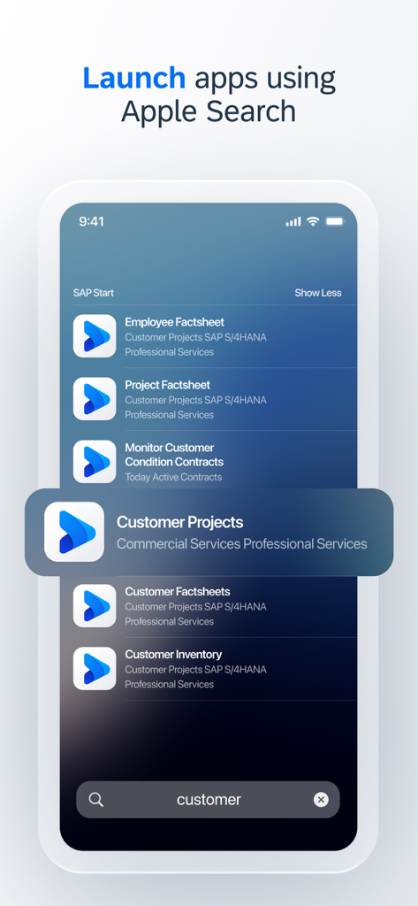 SAP Mobile Start - iPhone screen showing SAP business apps appearing in Apple Search results for quick access