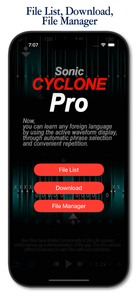 Cyclone Pro - 구간반복 Repeater - Sonic Cyclone Pro app interface showing the main menu with buttons for File List Download and File Manager against a waveform background