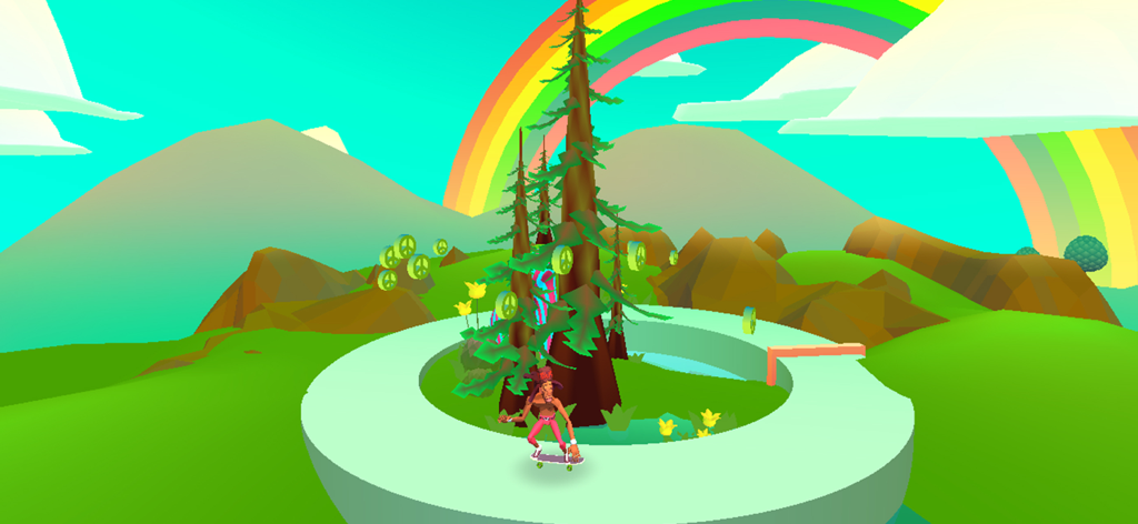 Hippy Skate - Um personagem skatista navegando em uma paisagem psicodélica vibrante com um arco-íris e sinais de paz flutuantes em Hippy Skate.