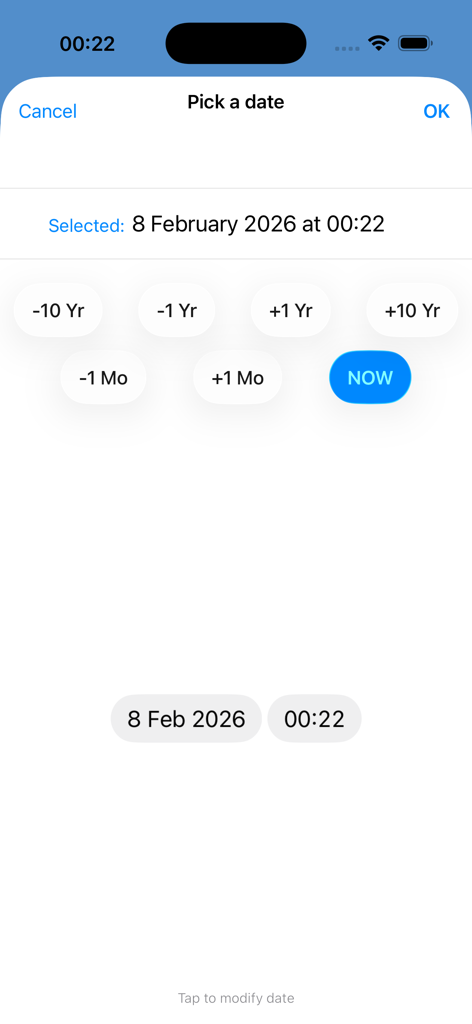 Pantalla de selección de fecha y hora en la aplicación de astrología Ingresses Pro con botones para avanzar por años y meses.