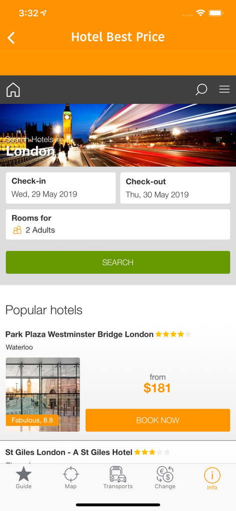 London Map and Travel Guide - 런던 지도 및 여행 가이드 앱의 호텔 검색 및 예약 인터페이스에 파크 플라자 웨스트민스터 브릿지 목록이 표시됨
