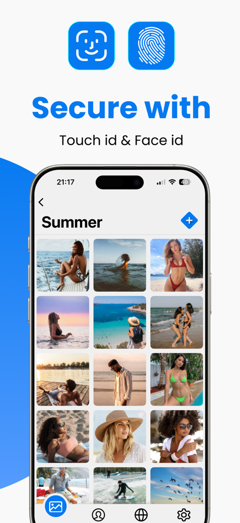Hidden Folder - KYMS &  KYCALC - Secure photo storage app interface showing Touch ID and Face ID options