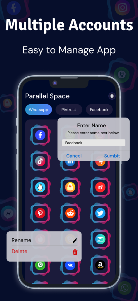 Multiple Accounts - Dual Space - Interface of Multiple Accounts Dual Space app showing a grid of social media icons and an account renaming popup.