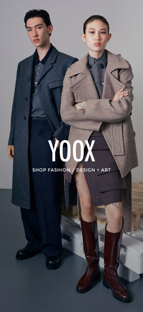 Models in high-end coats on the YOOX app home screen