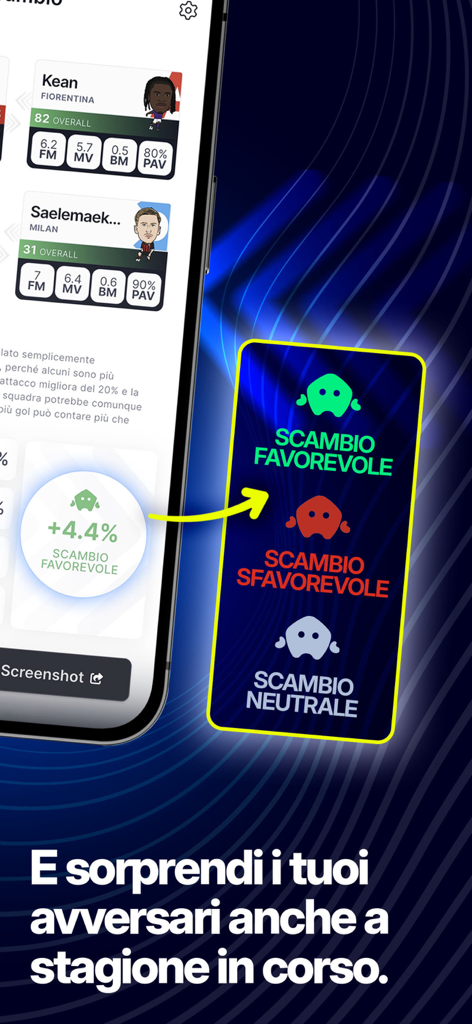 Algo Fantacalcio - Interfaccia dell'app Algo Fantacalcio che mostra l'analisi degli scambi per i giocatori di fantacalcio.