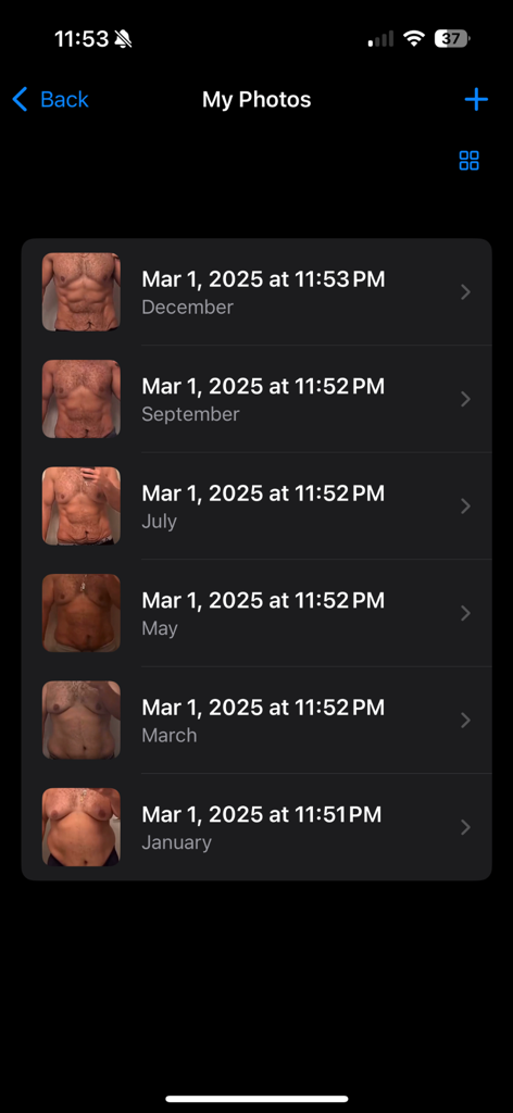 Un elenco verticale di foto di trasformazione corporea con date ed etichette nell'app GymPic