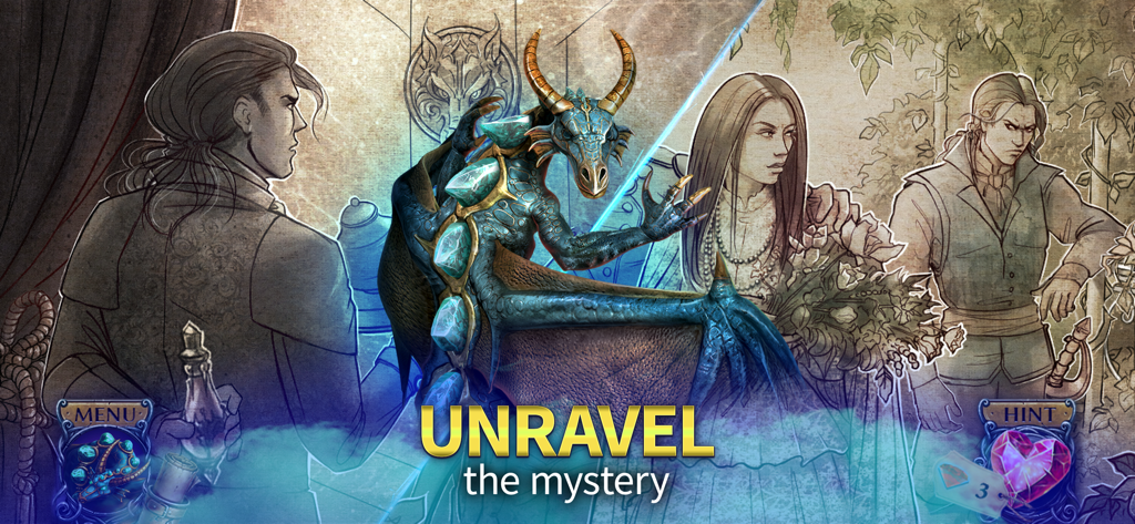 Kiss of the Night: F2P Mystery - Una criatura dragón azul y bocetos de personajes en un juego de misterio de objetos ocultos.