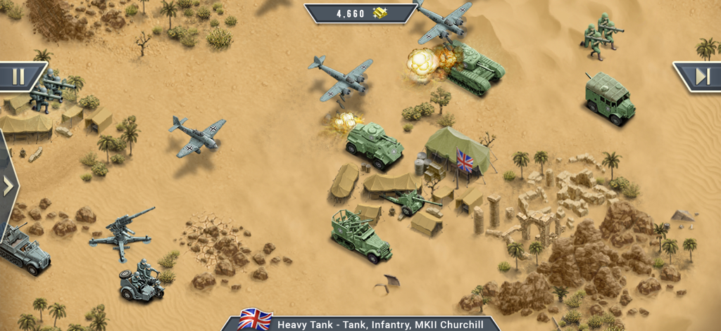Gameplay screenshot of 1943 Deadly Desert showing tanks and aircraft in a World War II desert battle.