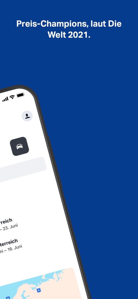 SWOODOO: Flüge, Hotels & Autos - Interface do aplicativo SWOODOO mostrando opções de voos e aluguel de carros com menção de prêmio de campeão de preço