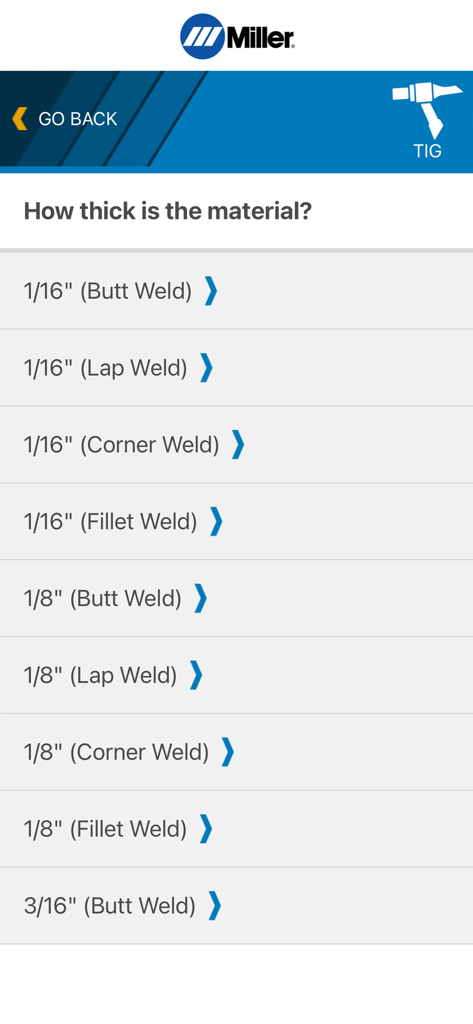 Miller Weld Setting Calculator - Material thickness and weld type selection for TIG welding in the Miller app