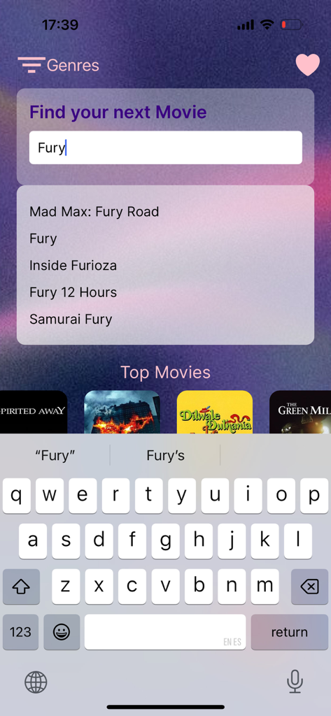 Movio: movies watchlist - Search interface of the Movio app showing movie title suggestions for the word Fury