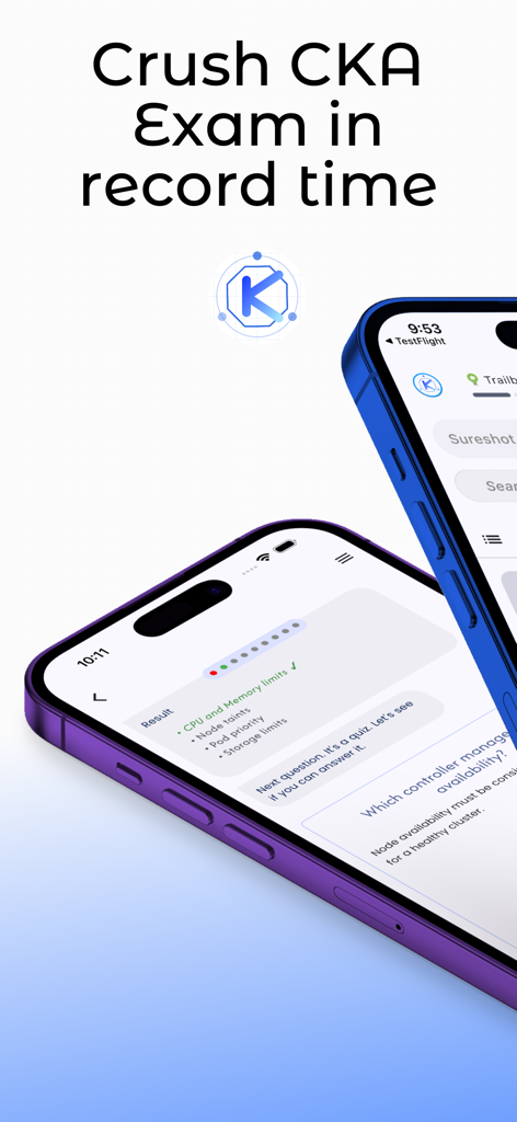 CKA Kubernetes Exam Prep - Interfaz de la aplicación CKA Kubernetes Exam Prep que muestra preguntas de práctica y resultados de examen en dos smartphones