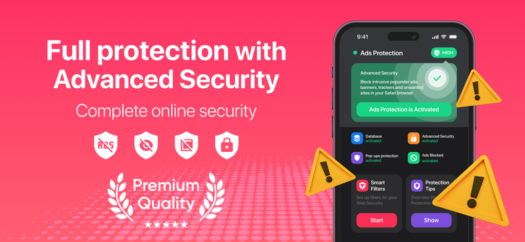 Interface do aplicativo Segurança Avançada mostrando proteção de anúncios ativada e recursos de segurança online em uma tela de iPhone