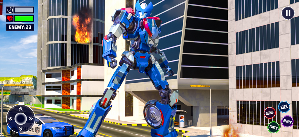 Robot Transform 3d War Games - A giant blue robot standing in a city street next to a police car in a 3D robot fighting game.