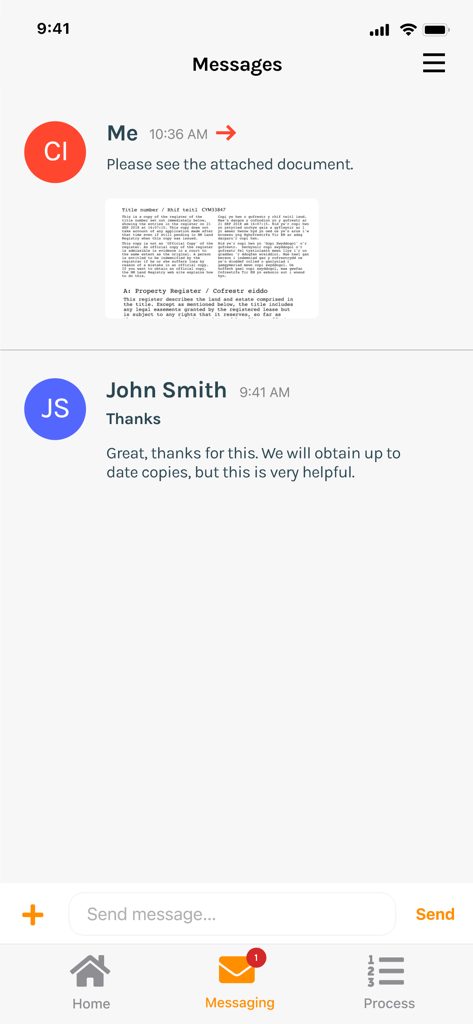 In-App-Messaging-Oberfläche zeigt eine sichere Konversation und Dokumentenaustausch zwischen einem Kunden und einem Anwalt.