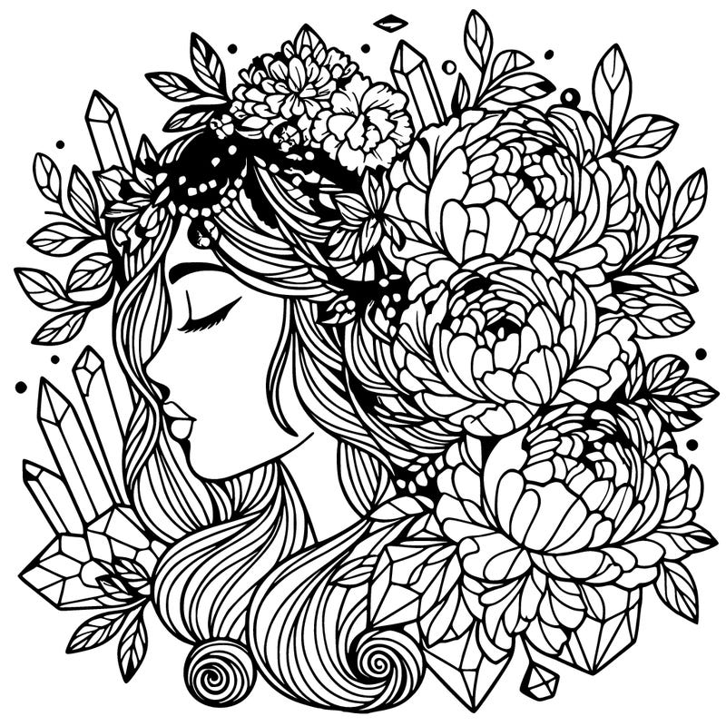 complex mandala woman profile with peonies and crystals in her hair