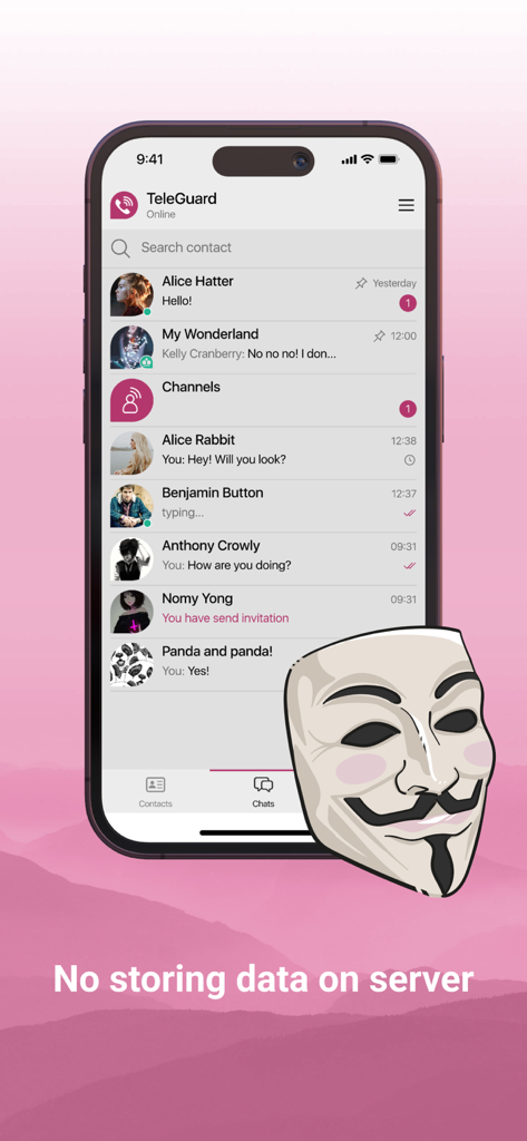 TeleGuard - Lista de chat de la aplicación móvil TeleGuard mostrando conversaciones privadas con un ícono de máscara de anonimato