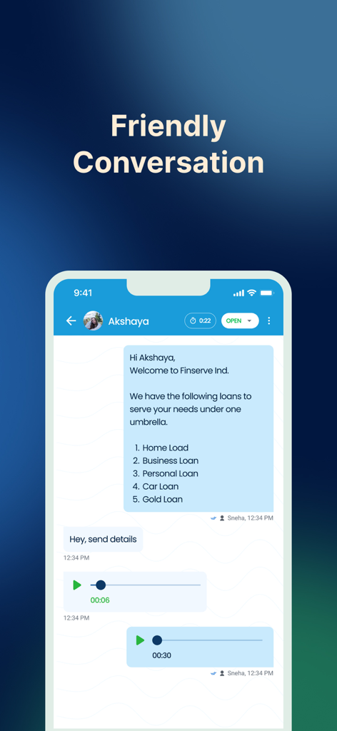 Happilee - Happilee app interface showing a friendly business conversation on WhatsApp with service options and voice notes.
