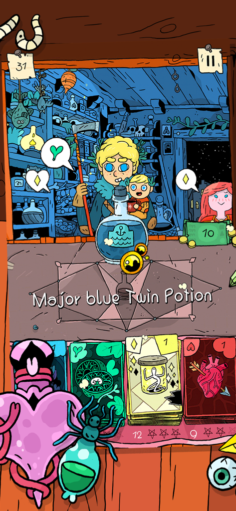 A character brewing a major blue twin potion in the Miracle Merchant card game