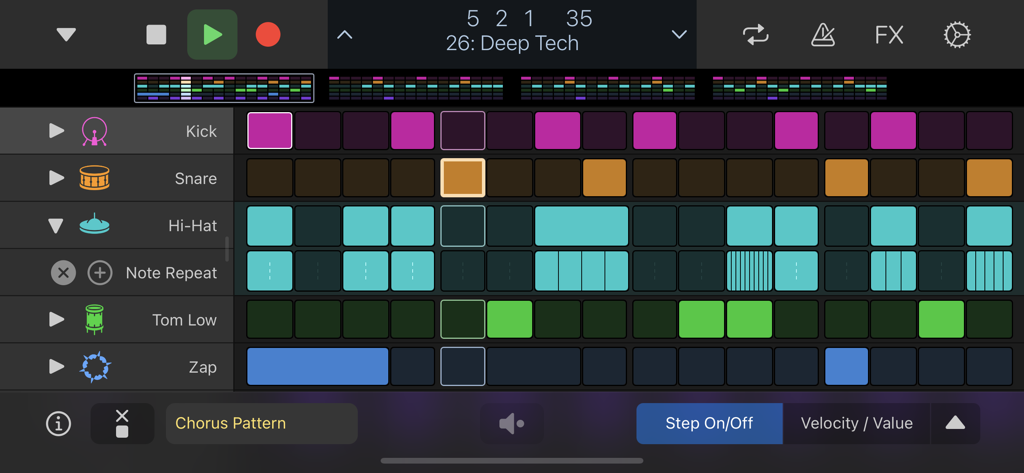 Logic Remote step sequencer interface displaying a drum pattern for deep tech music