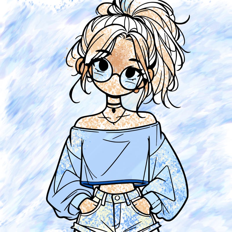 girl with a messy ponytail glasses a baggy crop top and jean shorts