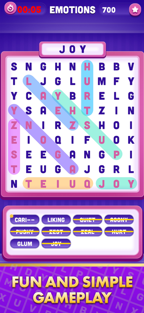 Word Search Real Money Rewards - A mobile screen showing a word search puzzle with an emotions theme, highlighted words, and a timer for competitive gameplay.