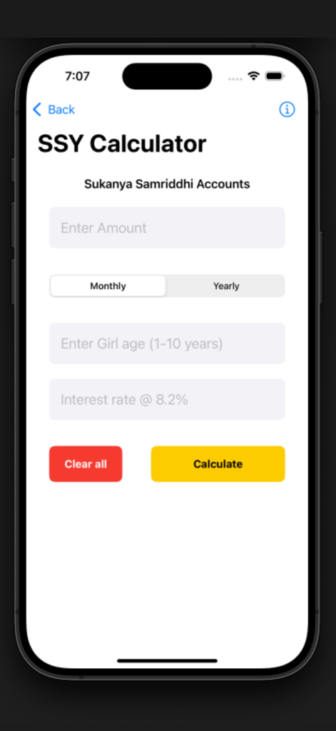 PO Interest Calculator - Screen of the SSY calculator showing fields to enter investment amount and age for Sukanya Samriddhi Accounts