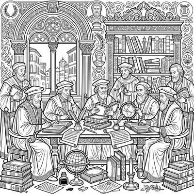 Step back into a golden age of thought with this captivating coloring page featuring Renaissance Humanists. Delve into a richly detailed scene of scholars engrossed in study, perfect for history enthusiasts and keen colorists.