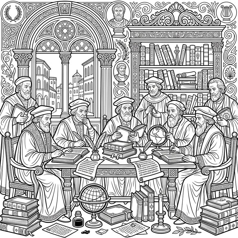Step back into a golden age of thought with this captivating coloring page featuring Renaissance Humanists. Delve into a richly detailed scene of scholars engrossed in study, perfect for history enthusiasts and keen colorists.