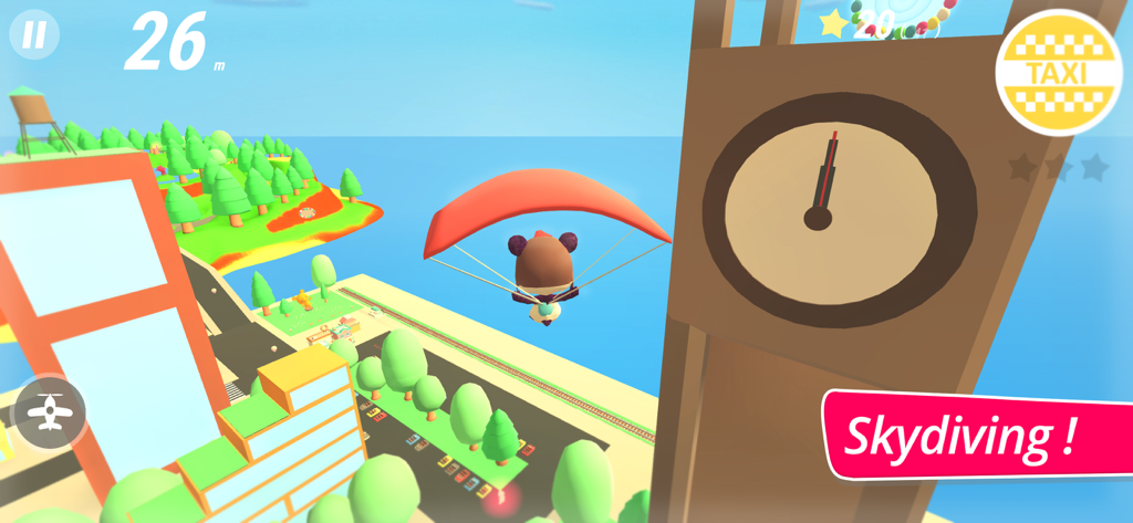 Personaggio Panda che si paracaduta con un paracadute rosso su un mondo 3D colorato in McPanda Super Pilot