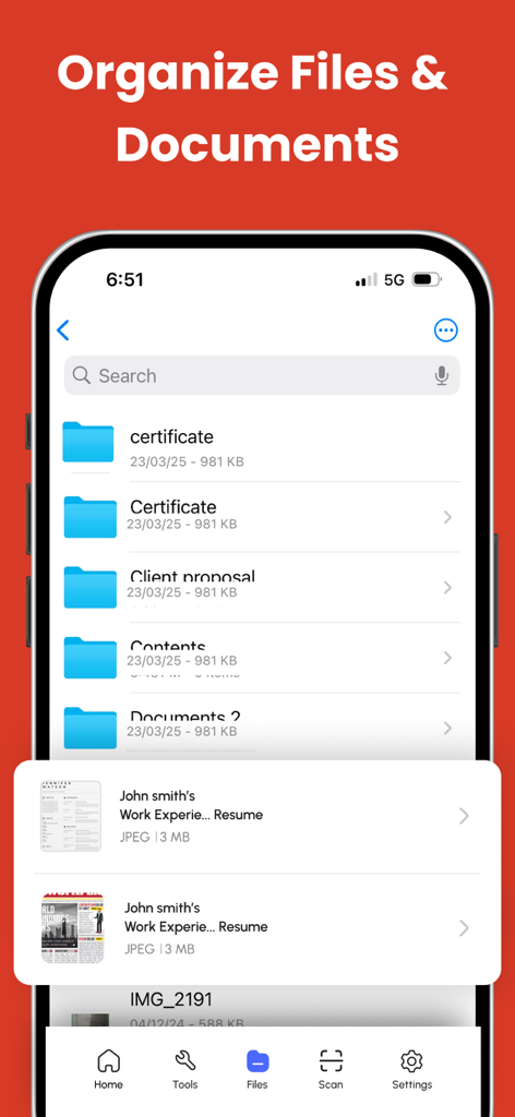 PDF Converter - PDF Scanner - フォルダや検索バーによるファイルおよびドキュメントの整理を示すモバイルアプリのインターフェース。