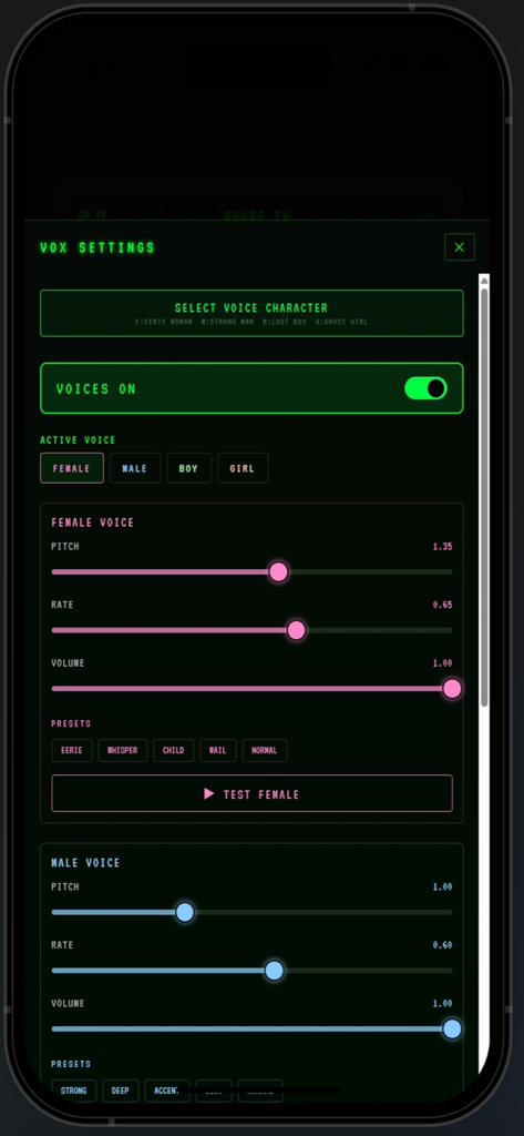 PhantomTV - PhantomTV App VOX-Einstellungen-Bildschirm mit einstellbaren Tonhöhen- und Ratenreglern für weibliche und männliche Stimmencharaktere, die bei paranormalen Ermittlungen verwendet werden