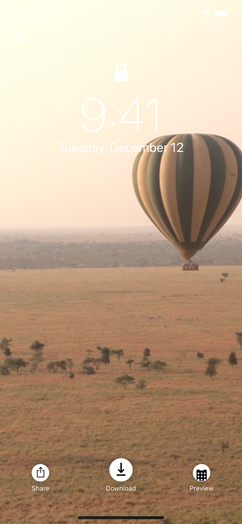 Live Wallpapers · - A preview of a live wallpaper on an iPhone lock screen featuring a hot air balloon over a savanna landscape.